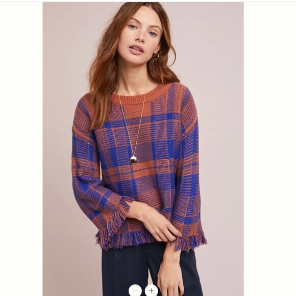 Anthropologie Moon River Fringed Plaid Pullover Sweater Size Small - Picture 1 of 7